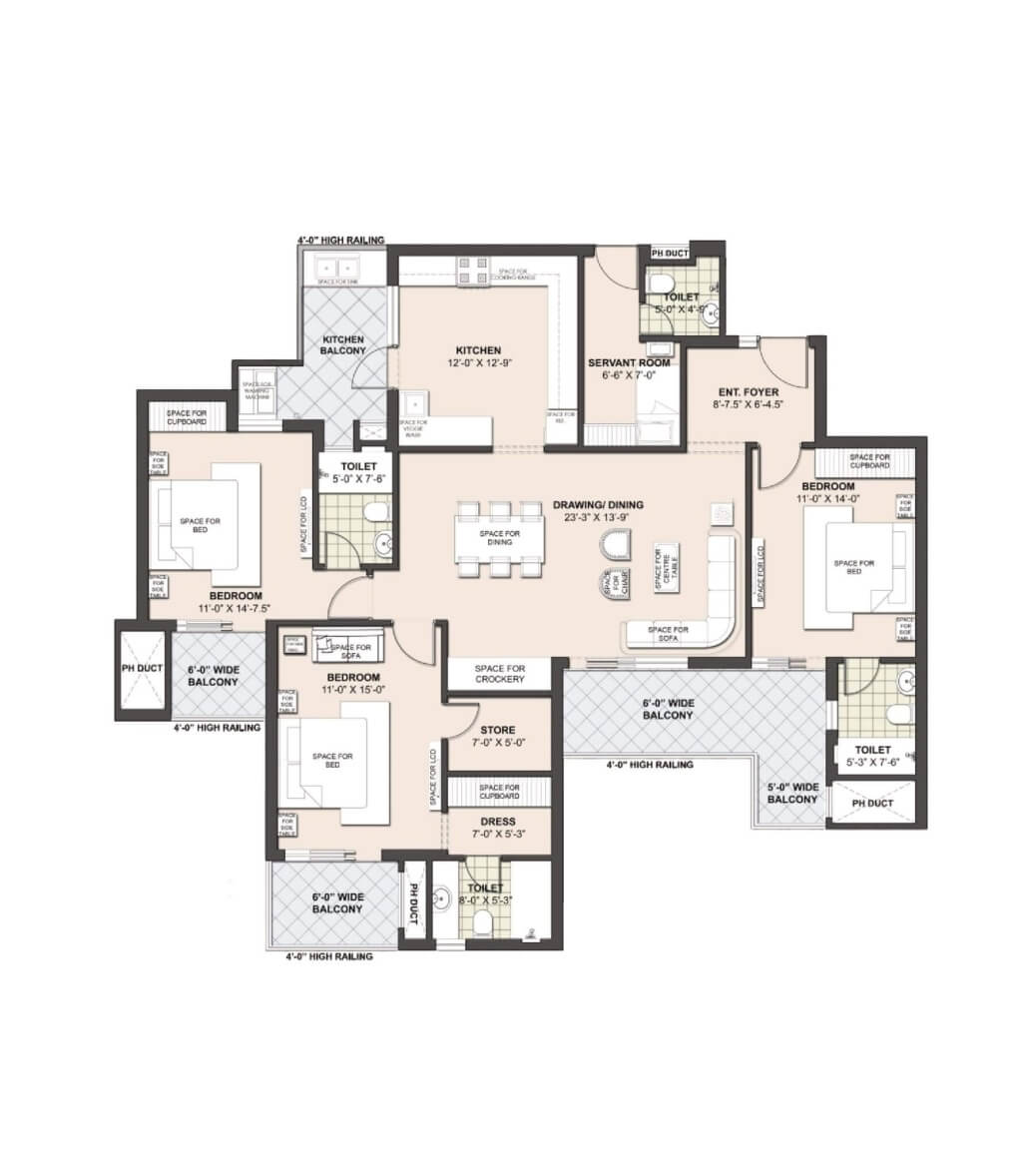 03+1/Bedroom Floor Plan - 2250 sq.ft