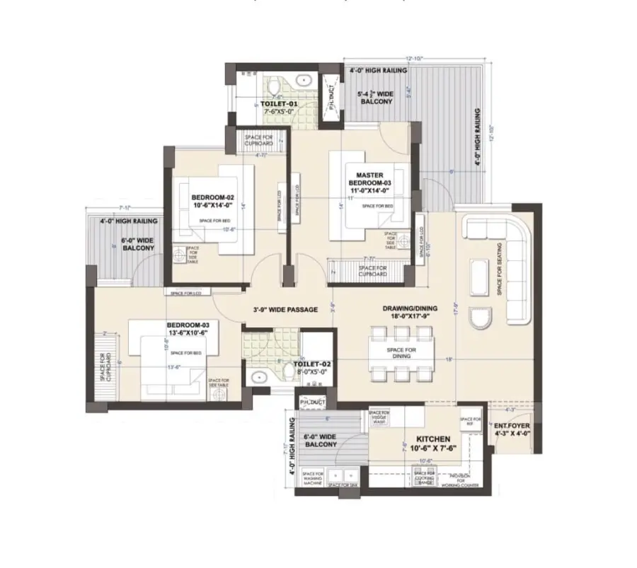 03/Bedroom Floor Plan - 2050 sq.ft